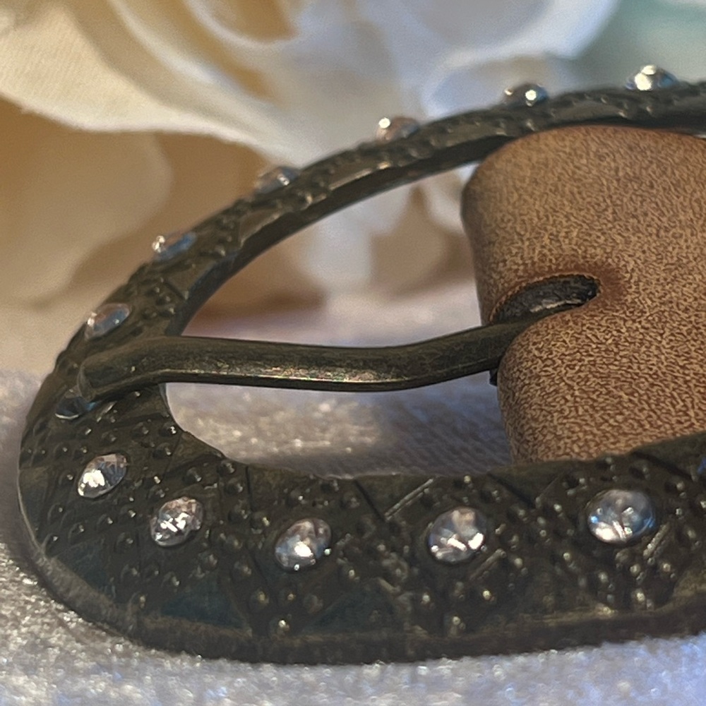 Chic Tan Perforated Belt with Rhinestones on Buckle - Picture 12 of 16